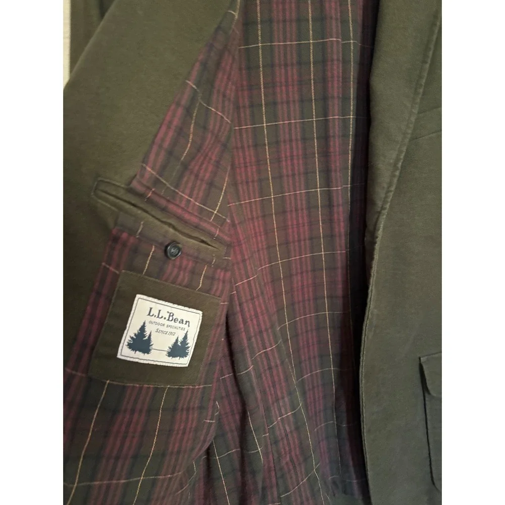 LL Bean Mens Field Sport Coat Olive Green Cotton Twill Plaid Lined Blazer 44 Reg